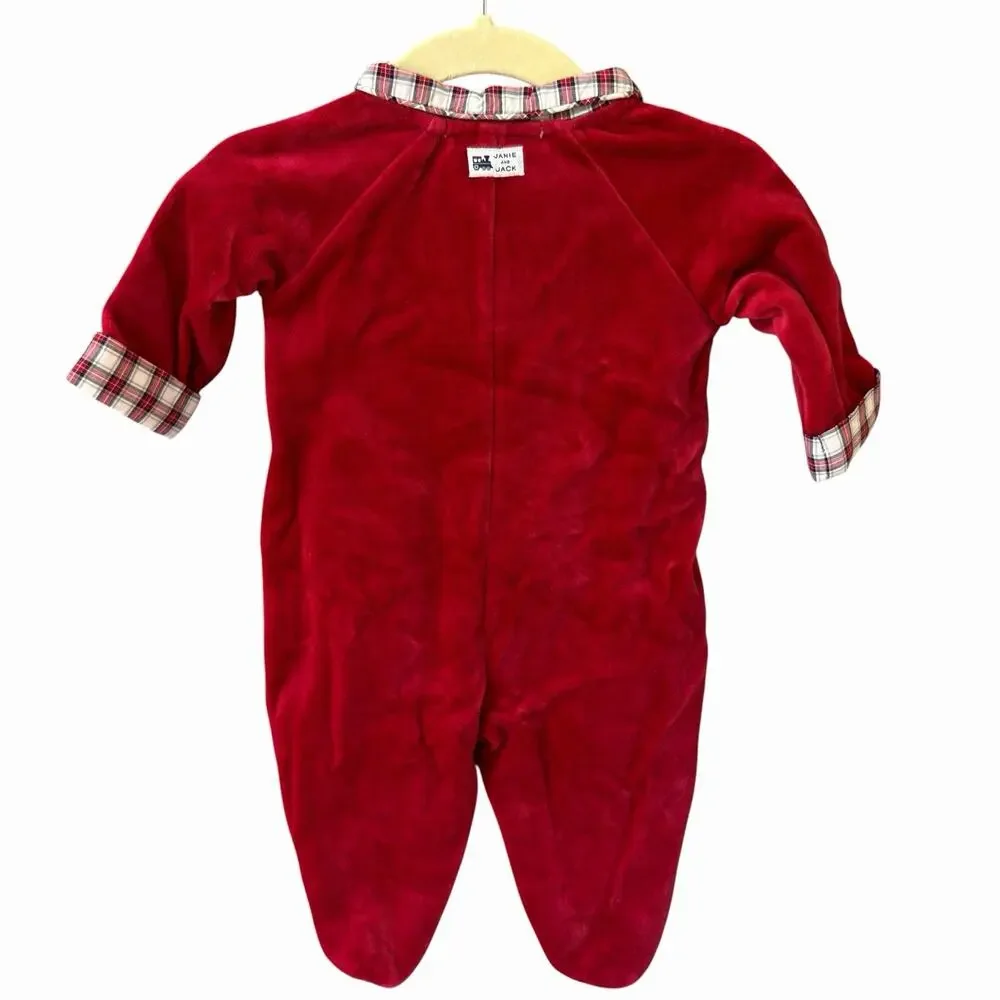 Janie and Jack Baby Boy Heirloom Red Velvet Holiday Romper Train Plaid 0-3 Month